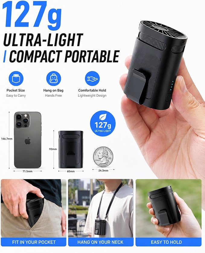 Portable Waist Fan, 13000RPM Personal Cooling Fan with 4 Adjustable Speed, 3000mAh Rechargeable Battery, Hands Free Clip On Fan for Outdoor Working Hiking Travel（F25）
