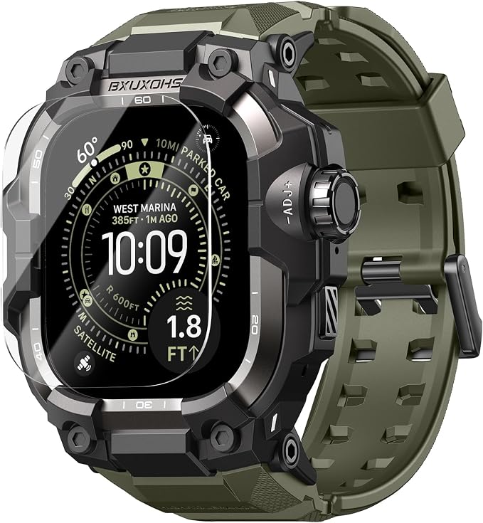 BXUXOHS Rugged Case and Band for Apple Watch Ultra 3/2/1 49mm Men, Military Grade Shockproof Bumper Cover, with 2 Pack Screen Protector, Tactical Band Case for iWatch Ultra 3 2 1 Man, Army Green