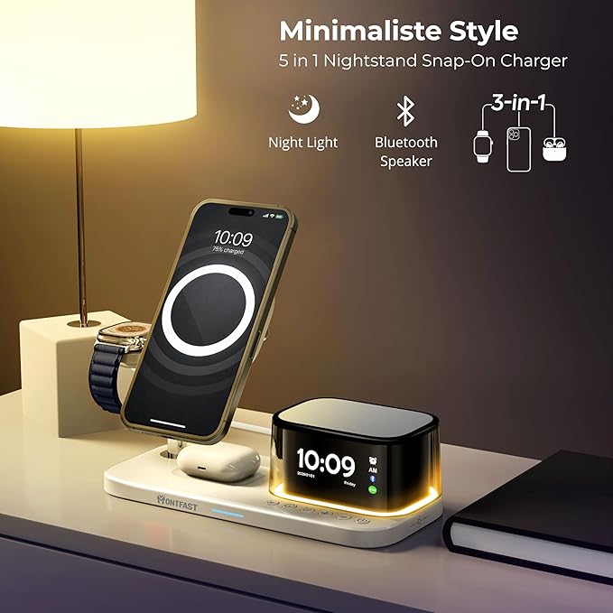 Qi2.2 25W Magnetic Wireless Charging Station, 5-in-1 Charger Stand with Bluetooth Speaker, Alarm Clock & Night Light for iPhone 12–17, Apple Watch, AirPods, Galaxy & Pixel (Qi)