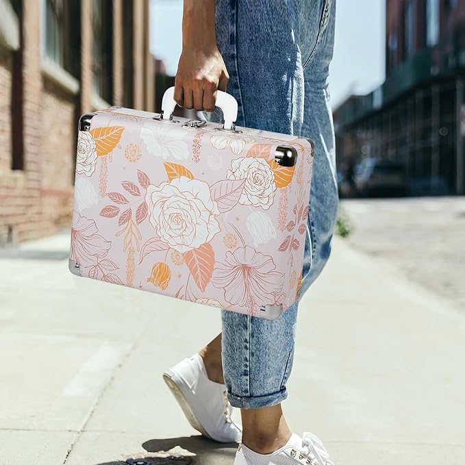 Pink Floral Vinyl Record Player with Built-in Speakers & USB Recording, Vintage 3-Speed Bluetooth Portable Suitcase Turntables Belt-Driven LP Player Support AUX/RCA/Headphone Jack