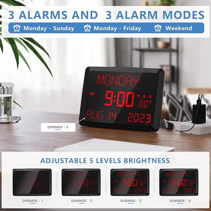 Raynic Digital Clock, 11.5" Large Display Digital Calendar Clock with Day and Date, Indoor Temperature, Adjustable Brightness, Snooze,12/24H, DST for Home, Office, Elderly