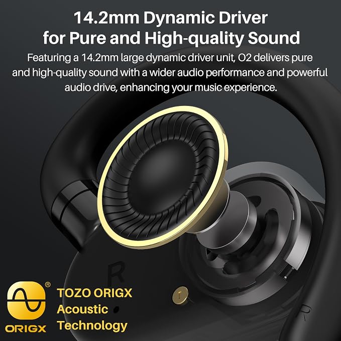 TOZO O2 True Open Ear Wireless Earbuds with Multi-Angle Adjustment, Bluetooth 5.3 Headphones with Bass Sound, Crystal-Clear Calls, 42 Hrs Playtime, Long-Lasting Comfort for Work, Driving, Sport Black
