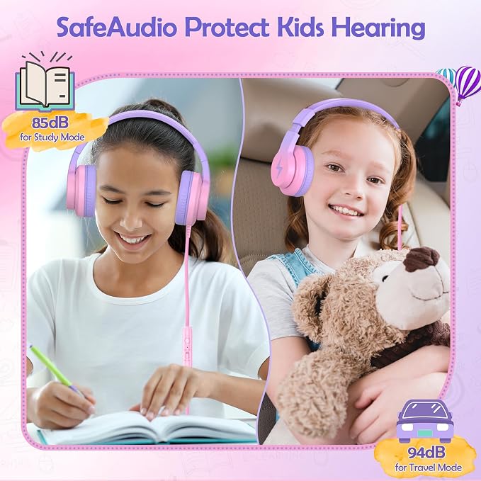 Candy Bila Kids Headphones, Wired Headphones for Kids Over Ear with Microphone, Foldable Headphone for Learning & Entertainment, Gradient Red