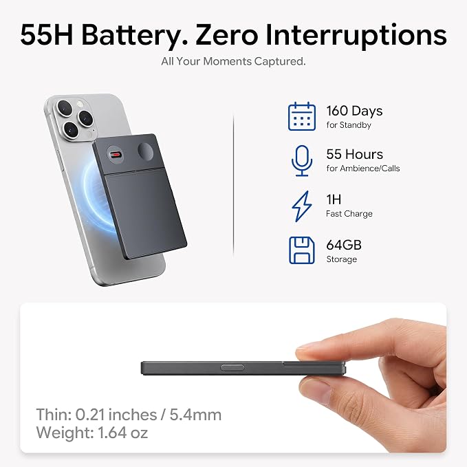 AI Voice Recorder with Real-Time AI Voice Chat – Efficient AI Transcription & Summarization, AI Noise Cancellation, One-Click Generate, 64GB Audio Note Taker for Meeting Lecture (126+ Languages)