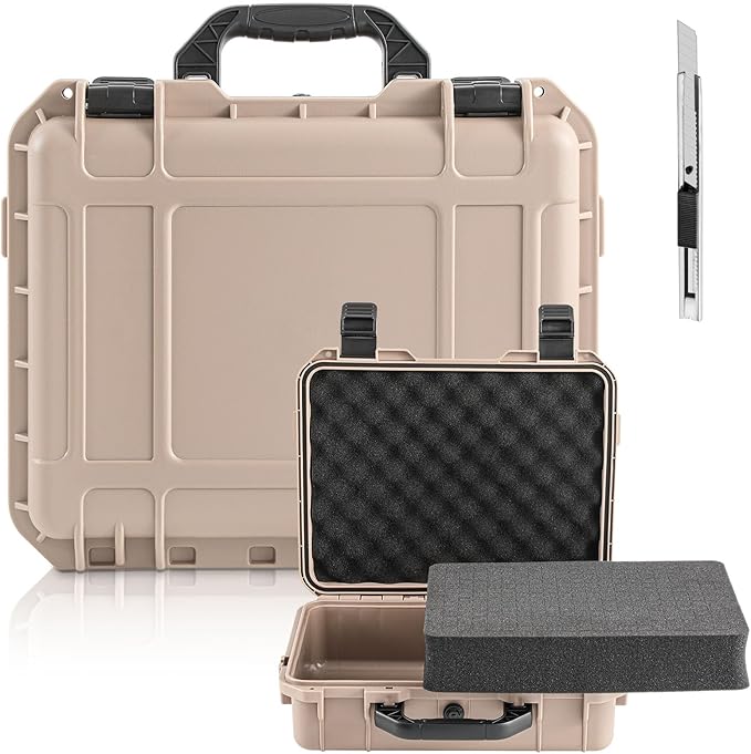 Relaxweex 1 Pcs Waterproof Hard Case with DIY Customizable Foam Insert Portable Protective Case with Knife for Camera Drones Equipments Tools Test Instruments(Tan,11.3 x 8.7 x 4.2 Inch)