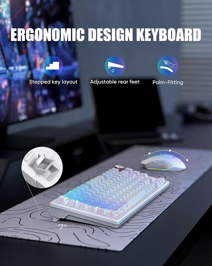 RedThunder K75 Wireless Keyboard and Mouse Combo,75% Membrane Side-Engraved Keyboard,Optical Gaming Mouse with 4800DPI,3 Modes(BT/2.4G/Wired),Dual System,RGB Backlit,Rechargeable Battery,Contour White