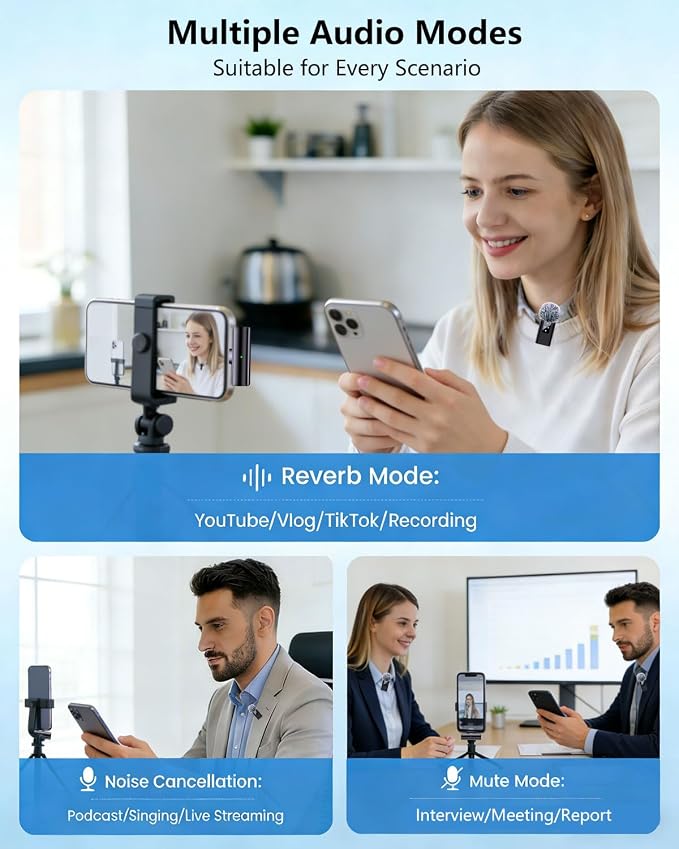 4 Wireless Lavalier Microphone for iPhone Android Phone Pad Computer, Pro Lapel Mini Microphone for Video Recording Vlog Podcast Stream YouTube TikTok, 48KHz 24Bit, Reverb,Noise Cancelling