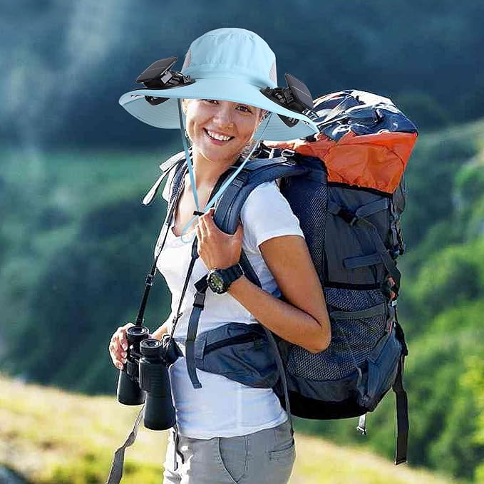 Outdoor Solar Powered Fan Hat for Men Women Breathable Wide Brim Hat with 2 Fans UPF 50+ Fishing Hat Beach Bucket Sun Hat