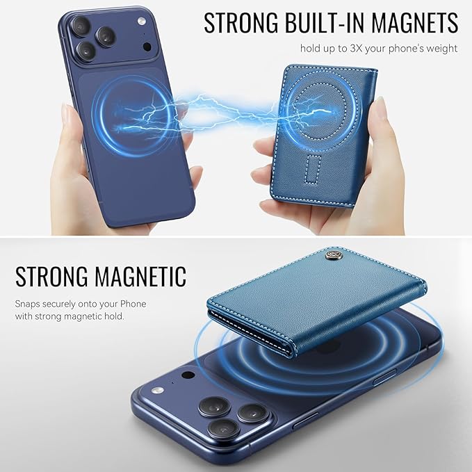 Slim PU Leather RFID Magnetic Wallet for Men and Women, Minimalist Magnet Card Holder Phone Wallet Compatible with Magsafe for Apple iPhone 17 16 15 14 13 12 Series, Fashion Dark Blue