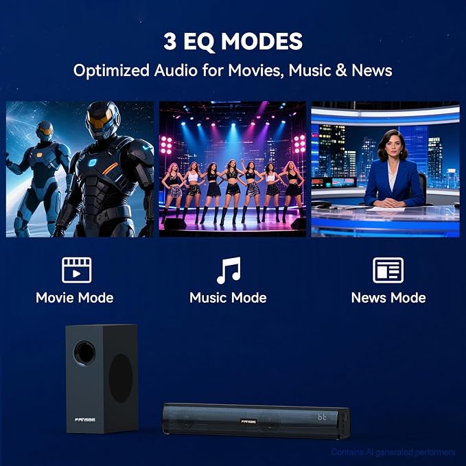 TV Sound Bar Subwoofer Bluetooth, Home Theater Sound Bar System, TV Speakers Sounds Bars Subwoofer, Hdmi(ARC) OPT COAX AUX USB 2.1ch Home Audio TVs/PC/Projector Treble Bass 3 Modes Remote, Black