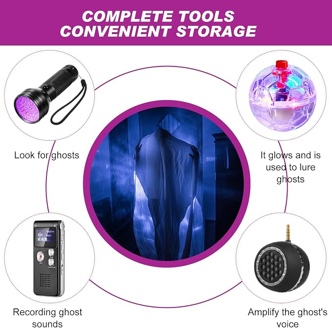 Dunzy 8 Pcs Ghost Hunting Equipment Kit, Include 1 Emf Meter 1 EVP Voice Recorders 1 Spirit Ghost Hunting Research Case 1 Flashlight 1 Speaker 2 Motion Light up Cat Balls 1 Radio(Emf Meter 3, Radio 1)