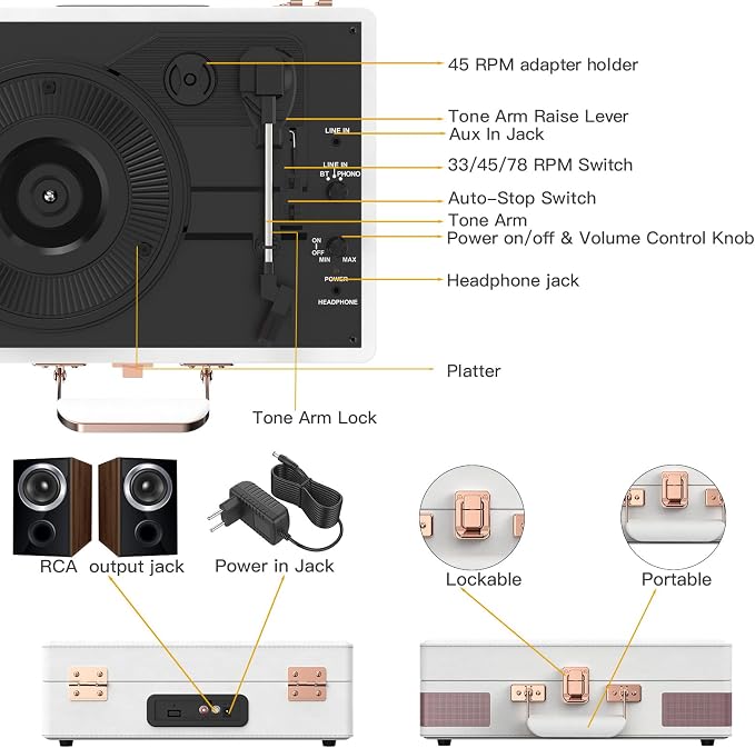 Record Player 3 Speed Bluetooth Portable Suitcase Vinyl Player with Built-in Speakers Turntable Enhanced Audio Sound PU Leather Vintage Turntable