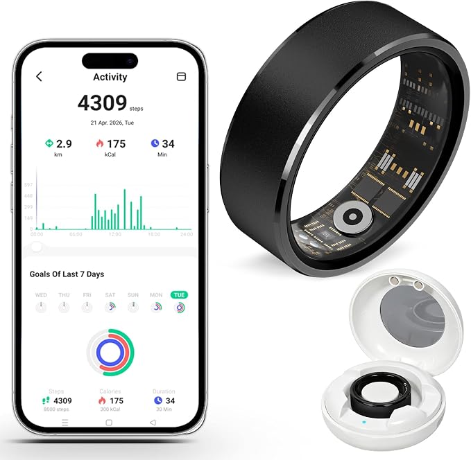 Smart Fitness and Activity Ring for Men and Women – Track Heart Rate, Sleep, Stress, Steps & More, Waterproof Fitness Tracker for iPhone and Android, No Subscription Fee, Black 12#
