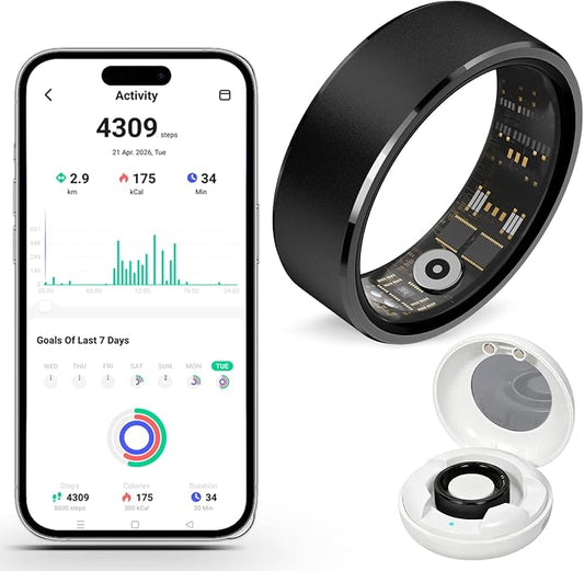 Smart Fitness and Activity Ring for Men and Women – Track Heart Rate, Sleep, Stress, Steps & More, Waterproof Fitness Tracker for iPhone and Android, No Subscription Fee, Black 12#