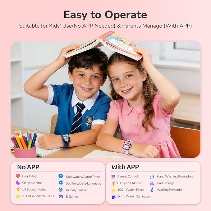 ENOMIR Smart Watch for Girls Gifts, Kids Smart Watch with Health Monitor, Activities Track & Alarm Clock Reminder, Smartwatch with Custom Design & Puzzle Games, Girls Birthday Pink (2 Bands)