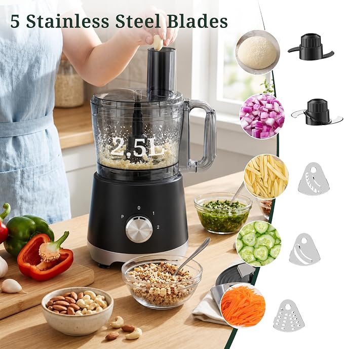 Food Processor 10.5 Cup (2.6QT), 600W Electric Food Chopper with 5 Stainless Steel Blades, 3-Speed Vegetable Chopper for Slicing, Shredding, Chopping & Dough Kneading, BPA-Free, Dishwasher Safe