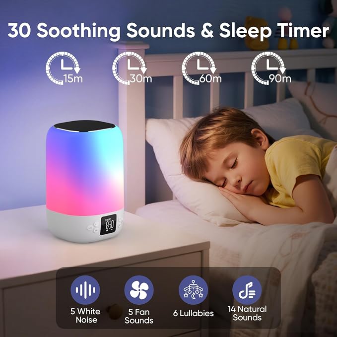 Night Light Bluetooth Speaker Alarm Clock, Sound Machine with White Noise, Touch Bedside Lamp for Bedroom, Dimmable Warm Light, 8 RGB Color Changing, Ideal Gift for 10-15 Year Old Teenage Boys Girls