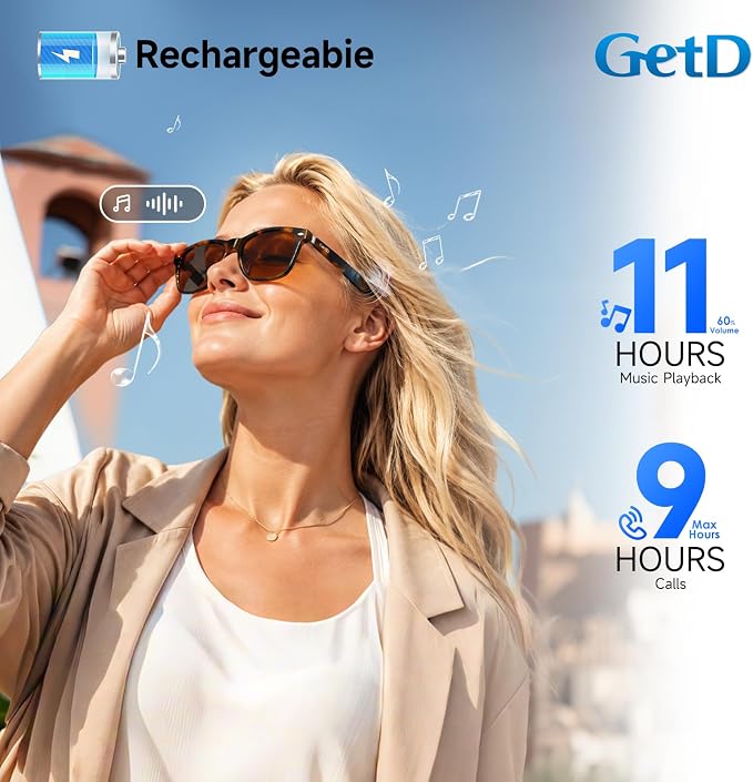 GetD AI Glasses for Men & Women, Smart Glasses Powered by ChatGPT, Bluetooth Glasses for AI Translation 147 Languages, Polarized Lens, AI Meeting Memos and AI Dialogue, 11H, UV Protection Sunglasses