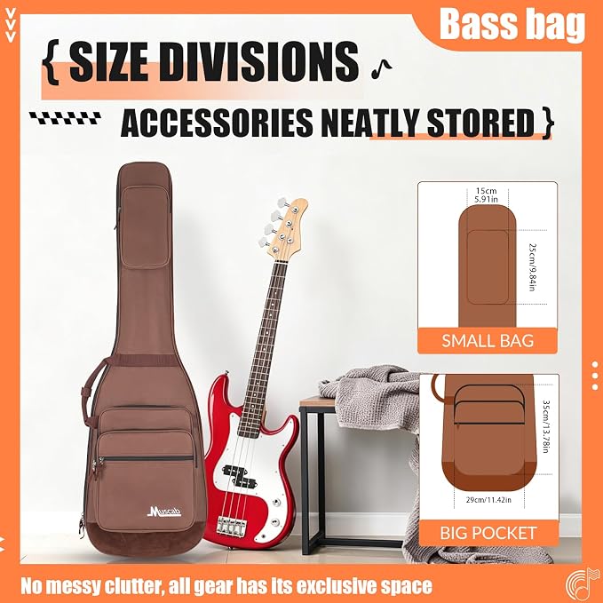 Bass Guitar Bag 0.5 Inch Padding Bass Guitar Case, Bass Electric Guitar Gig Bag Backpack with Neck Strap and 4 Pockets, Brown