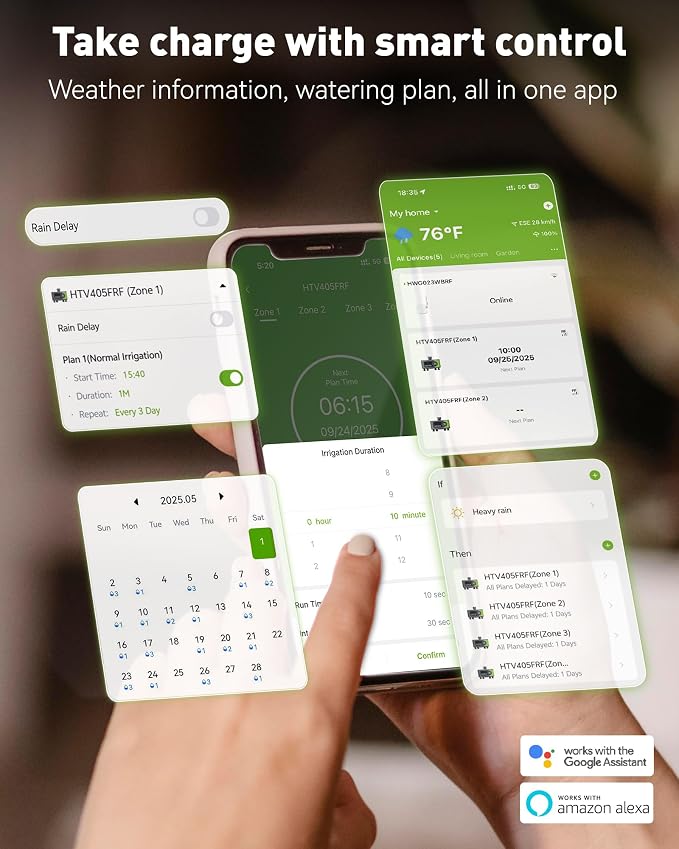 RAINPOINT WiFi Sprinkler Timer 4 Zone, 2027 New Version Outdoor Smart Water Timer for Garden Hose with Brass Inlet&Outlet, Custom Programs via APP/Voice Control (Lime Green, 4 Zone)