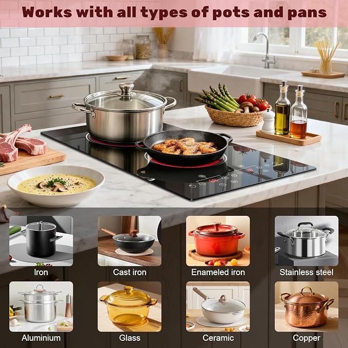 2 Burner Electric Cooktop 2000W, 12 Inch Electric Cook Top Plug in 110V, Electrics Stove with Touch Control, Countertop & Built-in Ceramic Stovetop, 9 Heating Level, Timer, Residual Heat Indicator
