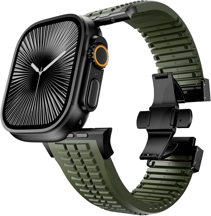 Silicone Watch Band Compatible with iWatch Ultra 2 / Ultra/Series 10 9 8 7 (44mm 45mm 46mm 49mm), Sport bands with Folding buckle, Rugged Heavy Duty Modern Design for Men