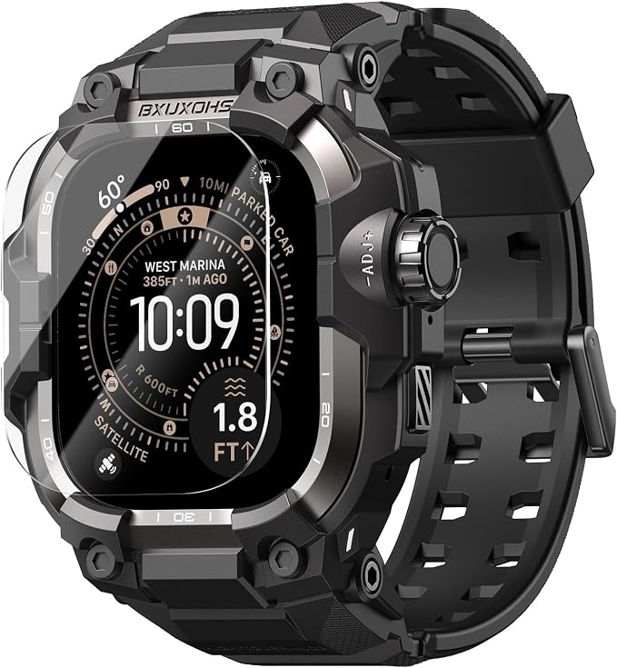 BXUXOHS Rugged Case and Band for Apple Watch Ultra 3/2/1 49mm Men, Military Grade Shockproof Bumper Cover, with 2 Pack Screen Protector, Tactical Band Case for iWatch Ultra 3 2 1 Man, Black Titanium