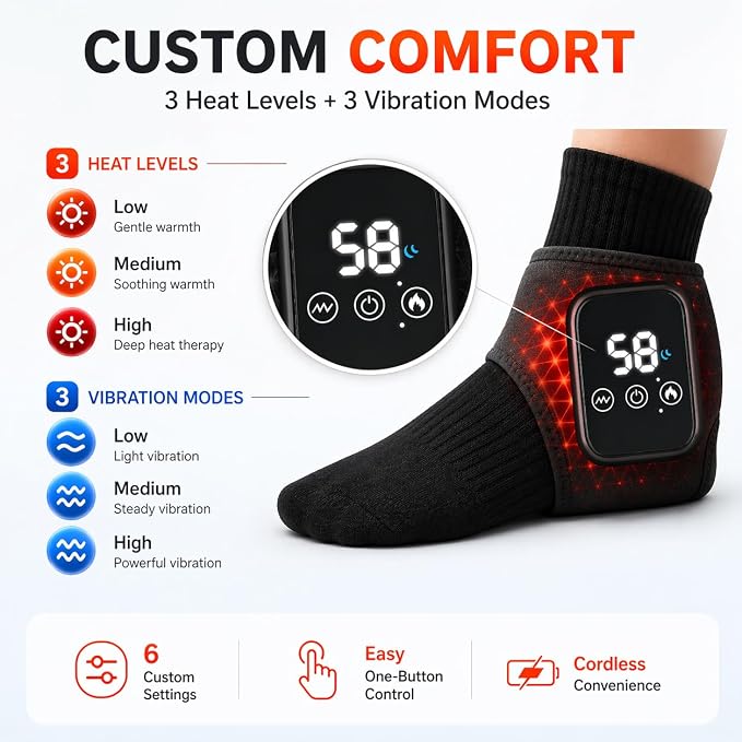 3-in-1 Heated Foot & Ankle Massager, Relieves Foot Pain, Heel Pain, Arch Strain & Ankle Fatigue, Cordless Portable Wrap for Fast Comfort at Home, Office & Travel (1)