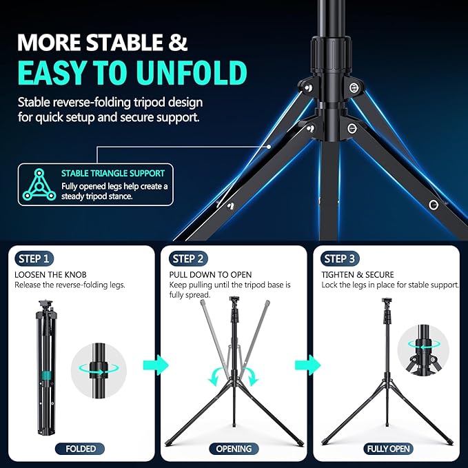 UBeesize 14'' LED Foldable Ring Light with 62'' Tripod Stand, Selfie Ring Light for Video Recording, Live Streaming, TikTok & YouTube, Compatible with iPhone & Android (Black)