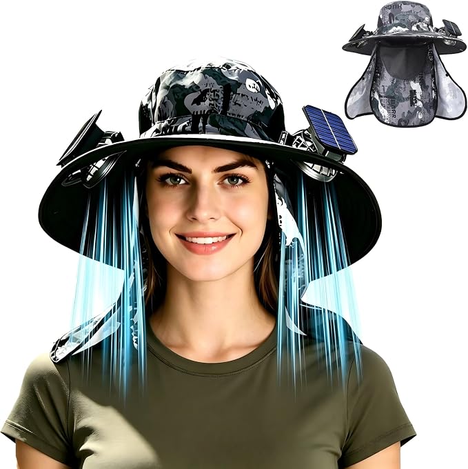 Wide Brim Solar Fan Hat for Men Women, 2026 3-in-1 Detachable Solar Powered Fan Hat, with Removable Neck Cap and Face Mask