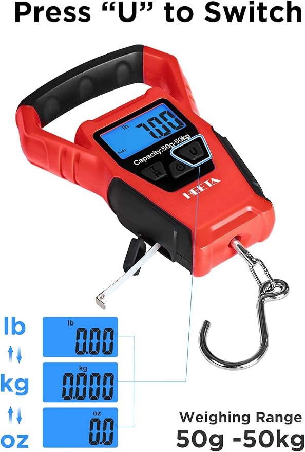 HEETA Waterproof Fish Scale Digital with Backlit LCD Display, 110lb/50kg Portable Hanging Scale Fishing Scale for Home and Outdoor, Measuring Tape and 2 AAA Batteries Included