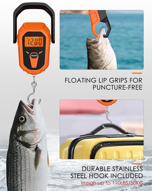 Digital Fishing Scale with Lip Gripper & Tape Measure, 110lb/50kg Waterproof Fish Weight Scale with LCD Display, Hanging Fish Weigher for Bass Fishing & Boat, Perfect Fishing Gifts for Men