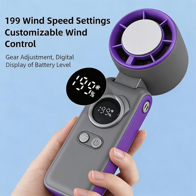 Portable Handheld Turbo Ice Fan,with Semiconductor Cooling-6000mAh Rechargeable 3-in-1 Mini Fans (Hand/Neck/Desk),199 High Speed/26550 RPM,LED Display Quiet Fan for Travel,Beach,Home,Outdoor (Purple)