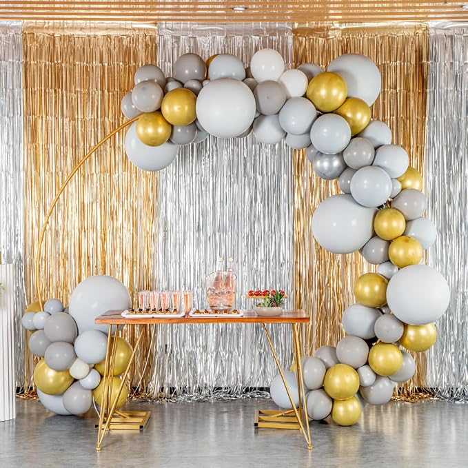Restaurantware-Balloonify Balloon Garland Set, 1 Party Decoration Kit - 118 Balloons, With Chain, Gray, White, & Gold Latex Balloon Arch Kit, Includes Glue Dots, Fishing Line