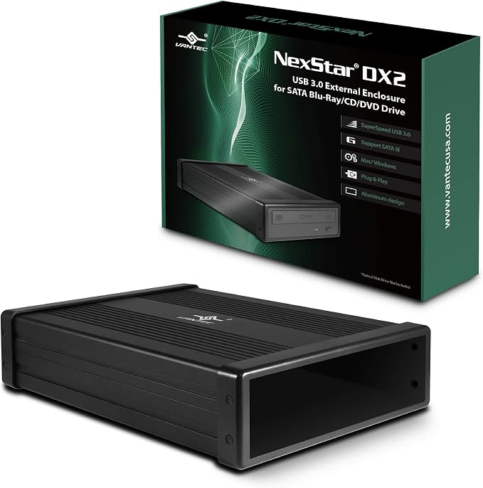 NexStar DX2 USB 3.0 External Enclosure, Design for 5.25" Blu-Ray/CD/DVD SATA Drive, 2nd Gen DX, Aluminum Alloy, fit Any Depth Optical Drive, TAA Compliant, USB Hot swappable (NST-540S3-BK)