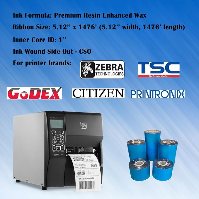 6 Rolls 5.12'' x 1476' Premium Resin Enhanced Wax Ribbon, 130mm x 450m Black Thermal Transfer Ribbon, Barcode Thermal Label Printer Ribbon, CSO-Ink Outside, 1'' Core for Zebra, TSC, GoDex, Citizen