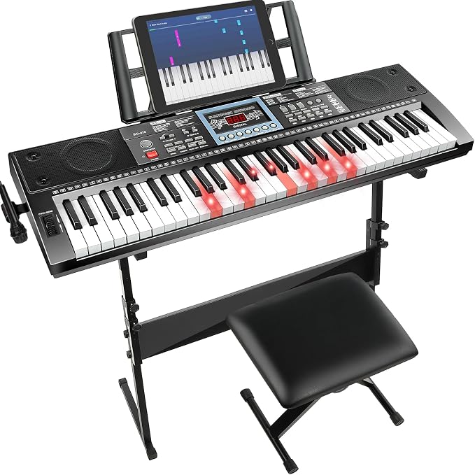 61 Key Keyboard Piano for Beginners w/Stand Bench, Lighted Keys in Follow | Dual Power Mode,Teaching Mode,70 Demos,200 Tones/Rhythms,Pitch Bend Key Drum Dual Key Metronome Chord Sync Sustain Program