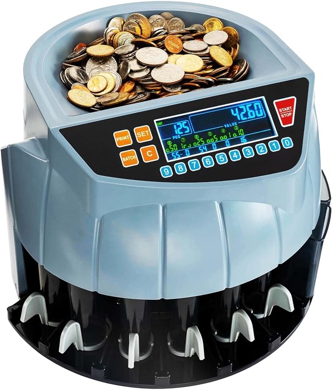 MUNBYN Coin Counter Machine, Coin Sorter Machine, 1¢, 5¢, 10¢, 25¢, 50¢ and Dollar, 250 Coins/min, Compatible with Printer, Batch Mode Change Counter Machine, 6 Bins and Tubes Roller