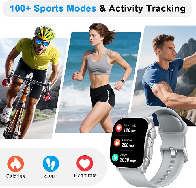 Smart Watch, 2.01" AMOLED Curved HD Full Touch Screen, Compatible with iOS & Android for Daily Workout Business Gift, Fitness Tracker with 24/7 Heart Rate/Sleep Monitor, IP68 Waterproof Watch Gray