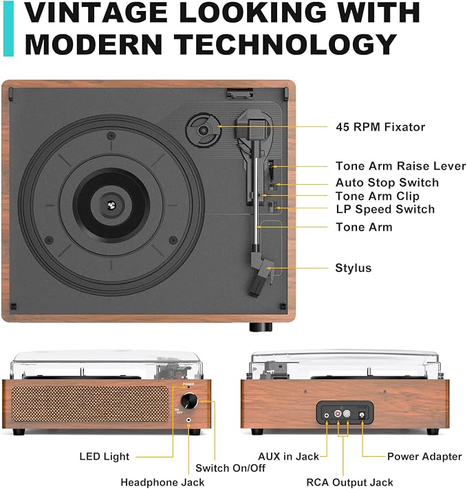 Vinyl Record Player with Speakers Vintage Turntable for Vinyls Records Belt-Driven Turntables 3-Speed Bluetooth Playback Headphone AUX RCA Line LP Vinyls Players for Sound Enjoyment Retro Brown