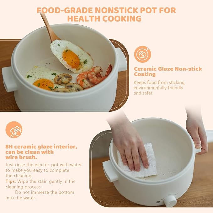 Hot Pot Electric, 3L Portable Electric Pot with Ceramic Non-stick Coating, Dual Power Multi-functional Romen Cooker for Steak, Pasta, Hot Pot, Ramen (Ceramic (inner surface), White)