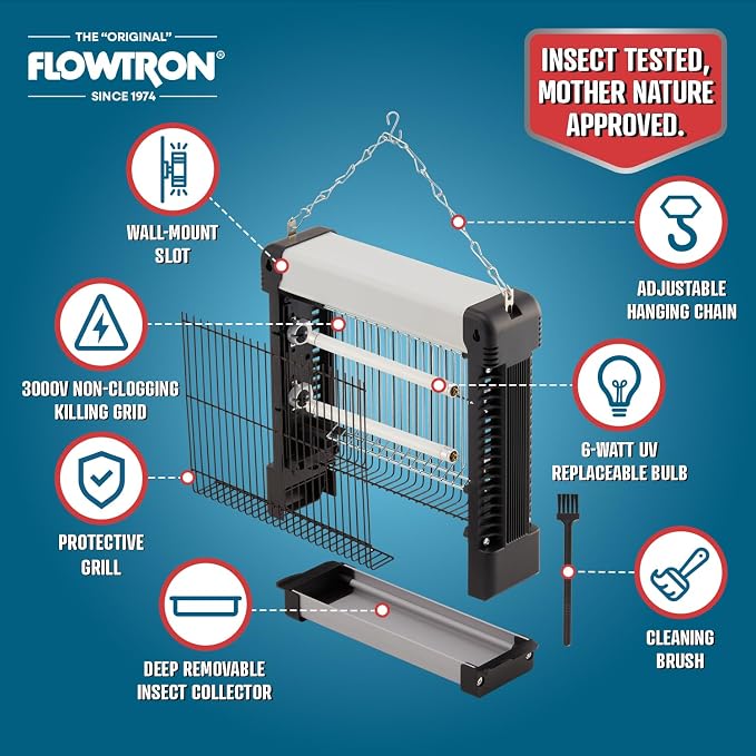 Flowtron Indoor Bug Zapper: 3000V Electric Insect Killer & Mosquito Trap - 300 Sq Ft Coverage - 12W Dual UV Light Fly Zapper for Kitchen, Bedroom, RV & Restaurant - Safe Gnat & Moth Killer