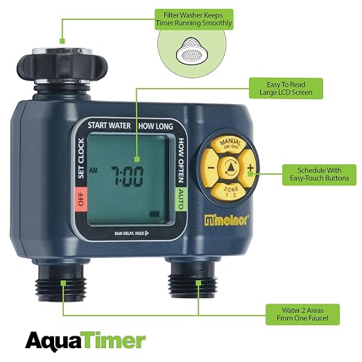 Melnor 65139AMZ AquaTimer Digital Hose Timer, 2-Zone Programmable Watering Timer, Quick Connect Bundle, Black, Yellow