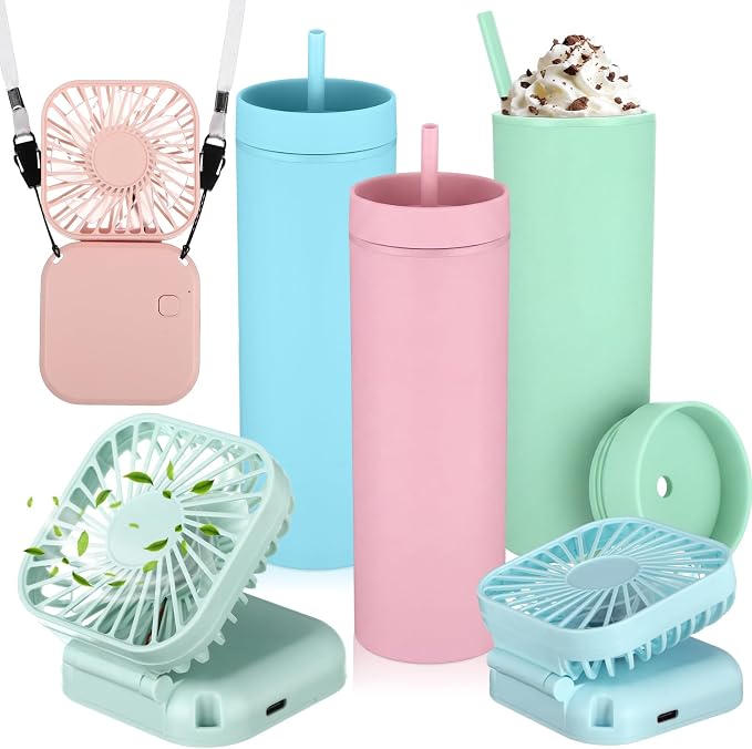 Reallnaive 6 Pcs Skinny Tumbler Bulk and Mini Portable Fans Set for Summer, 16 oz Plastic Cups with Lids Straws and Small USB Rechargeable Handheld Fan for Cooling Gift (Pink,Light Blue,Turquoise)