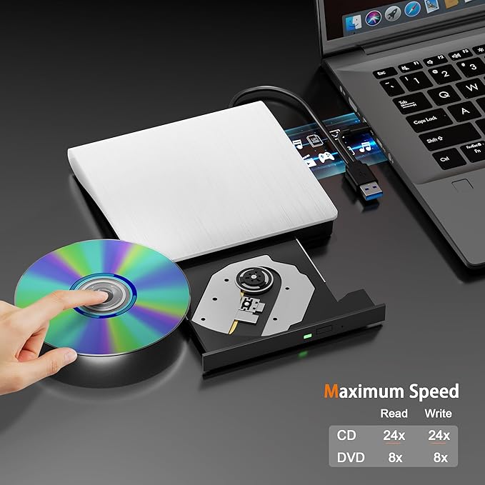 External CD/DVD Drive for Laptop PC CD DVD Player USB 3.0 Portable Optical Drive CD Burner Compatible with Windows 10 11 Linux Mac OS (White)