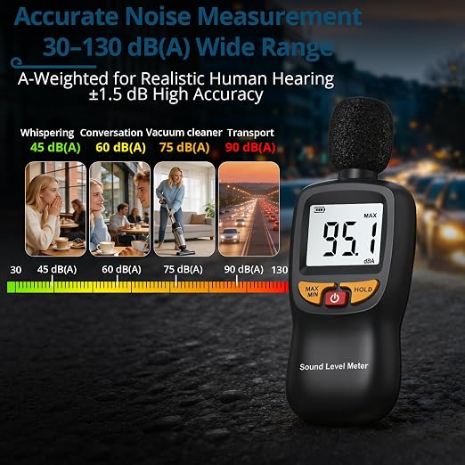 Digital Decibel Meter 30-130dB,A-Weighted Sound Level Tester with Hold Function & Backlit LCD,Portable Noise Monitor for Home,Apartment & Office