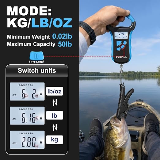 SNAIL TRAIL 8 Storage Bins Digital Fishing Scale & 4.6'' Lip Gripper, Backlit LCD Display, Multi-Mode(LB, OZ/LB & KG), Ergonomic Handle, 50 lbs Tournament Bass Fish Weigher for Anglers