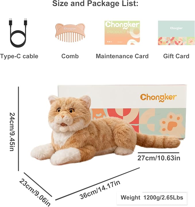 Chongker 24.8" Interactive Robot Cat Plush Realistic Stuffed Animals, Companion Robotic Cat with Meow Purring Heartbeat, Eye Mouth Ear Movement, Kitten Electronic Kitty Toy for Seniors