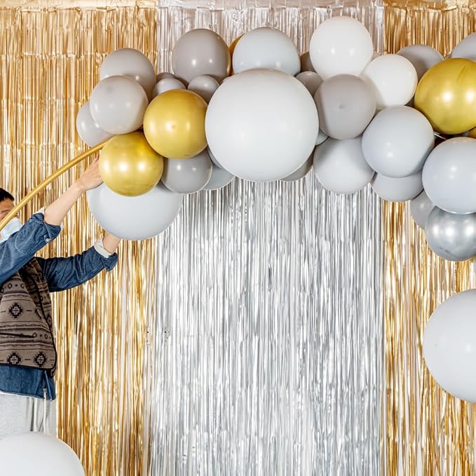 Restaurantware-Balloonify Balloon Garland Set, 1 Party Decoration Kit - 118 Balloons, With Chain, Gray, White, & Gold Latex Balloon Arch Kit, Includes Glue Dots, Fishing Line