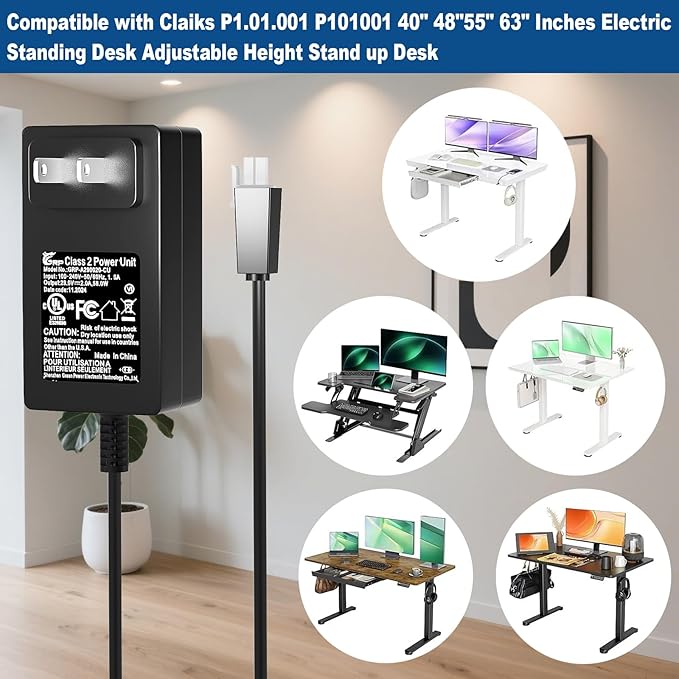 29V Power Cord for Standing Desk Compatible with Claiks P1.01.001 P101001 40" 48" 55" 63" Inches Electric Standing Desk Adjustable Height Stand up Desk Charger Power Adapter